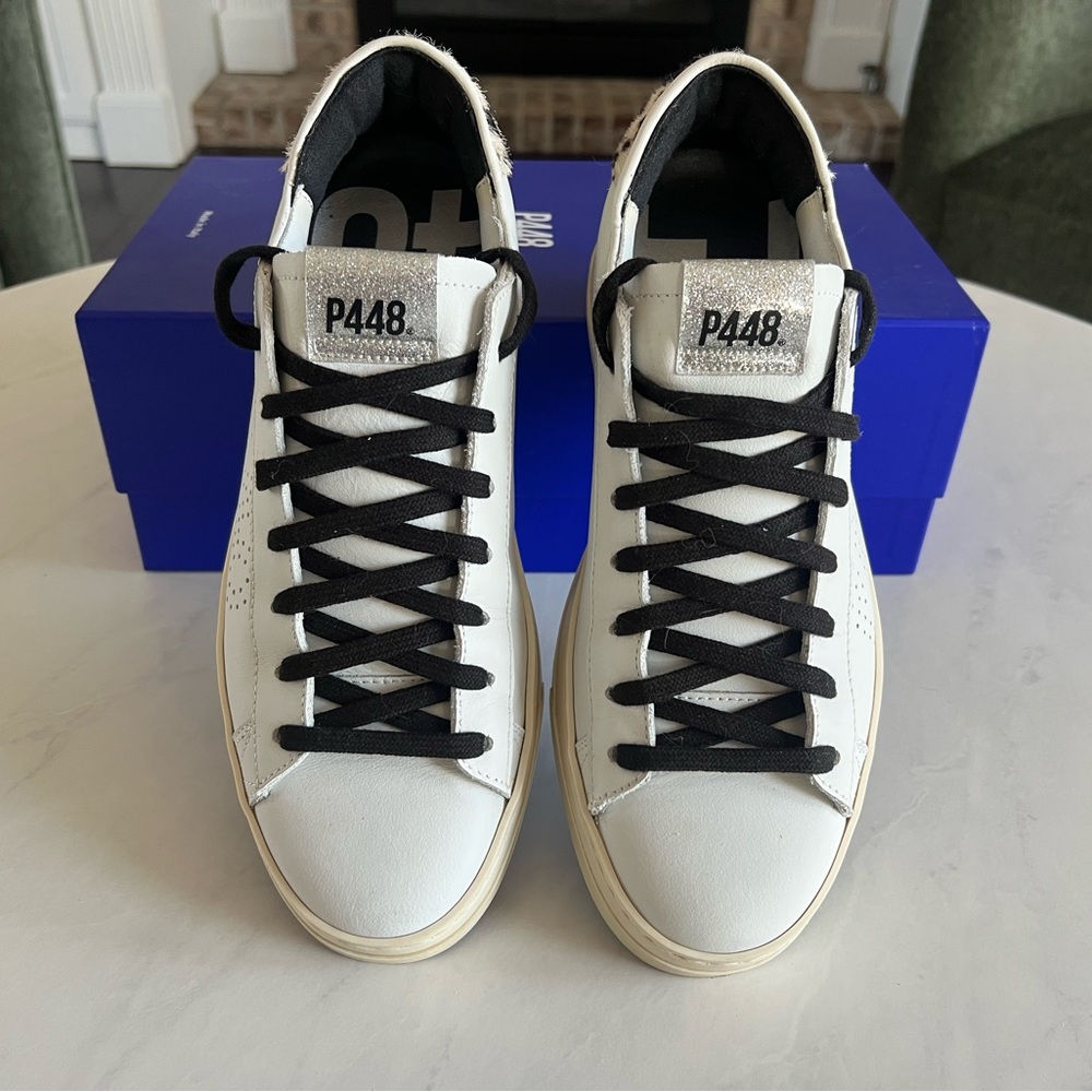 Women’s P448 White Leather Sneakers with Leopard Accents